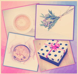 romantic collage: bouquet, cake, coffee and gift box, retro inst