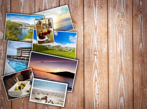travel collage on wooden background