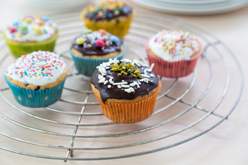 Muffins auf Holz und Abkühlgitter