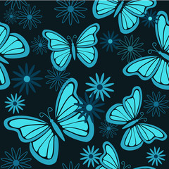 Blue butterflies and flowers seamless background