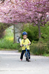 Little boy playing with his bike outdoors in the park