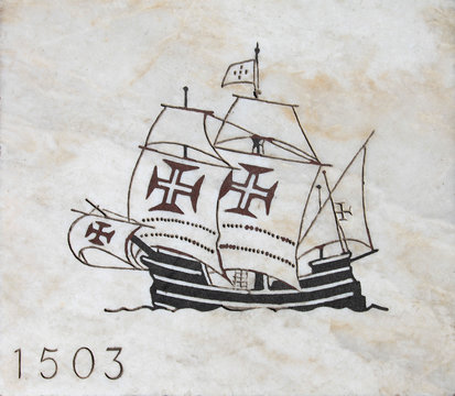 mosaico en m&aacute;rmol barco caravela azulejo lisboa 6785-f14