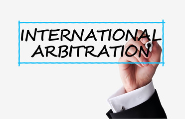 International arbitration text on transparent background