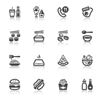 Fast food and junk food flat icons with reflection
