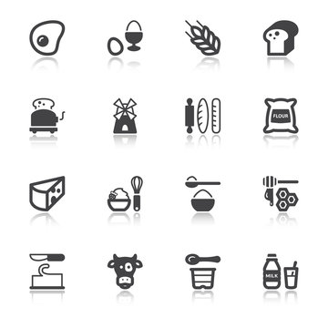 Dairy Egg Bread Sugar flat icons with reflection