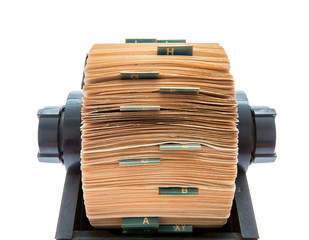 Old original rotary rolodex isolated on white