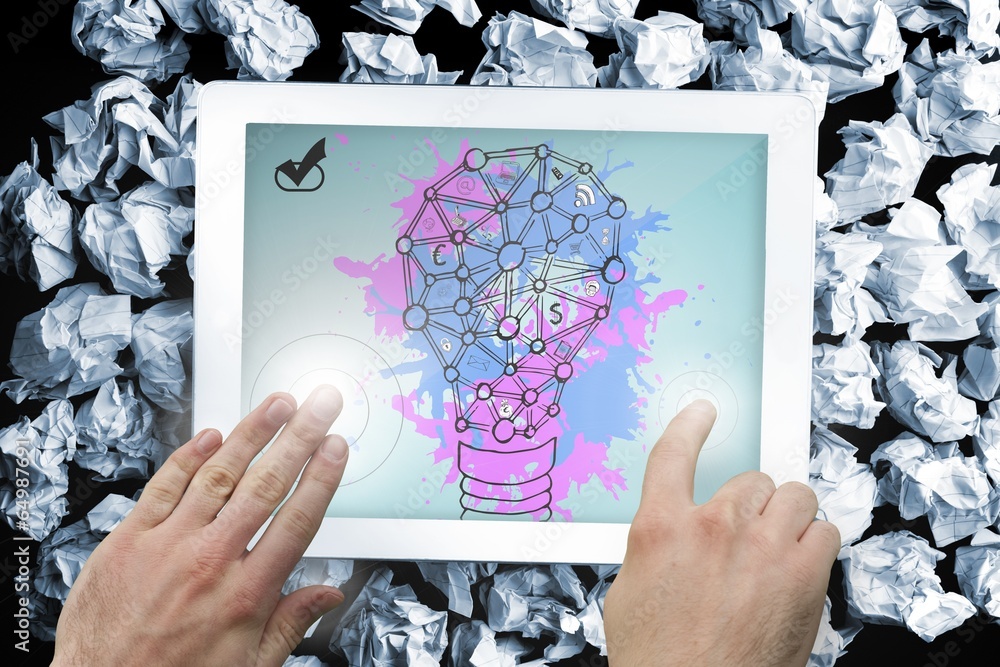 Poster Composite image of hands pointing and presenting on tablet
