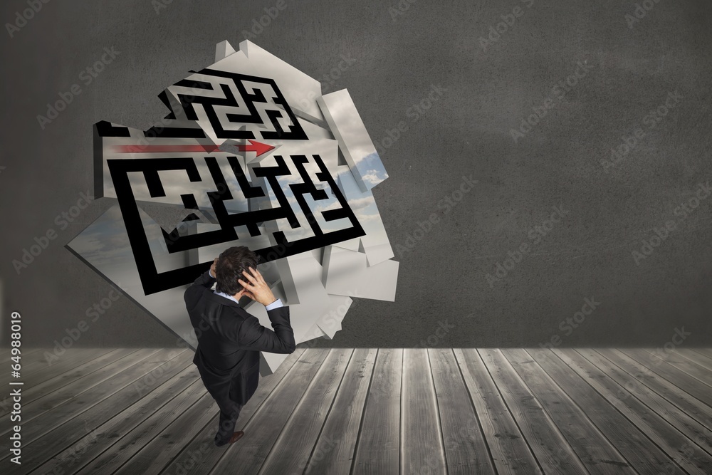 Poster composite image of stressed businessman with hands on head