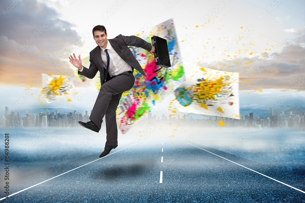 Poster composite image of smiling businessman in a hurry