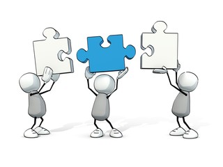 little sketchy men with white and blue  pieces of puzzle
