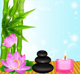 Fototapeta na wymiar background Spa flower Palma stones and candle