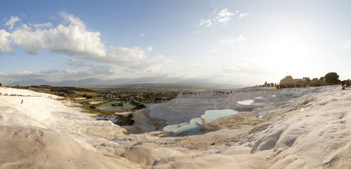 Panoramic photo of natural travertine and terraces in Pamukkale