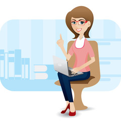 cartoon cute girl with laptop at office