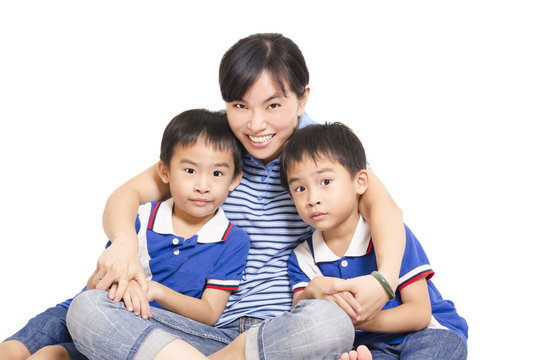 Family Mom And Two Kids, White Background