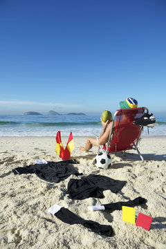 Soccer Football Referee Relaxing on Beach Chair Brazil