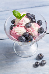 Bowl with blueberry ice cream and leaf mint