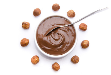 Composition of chocolate hazelnut spread with hazelnuts - obrazy, fototapety, plakaty