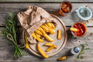 Homemade fries served with cold drink