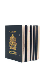Five void passports on white background