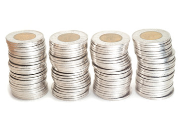 Silver  coins stack on white background