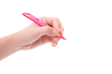 hand holding Pink pen on white background