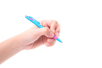 hand holding Blue pen on white background