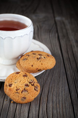 Chocolate chip cookies and cup of tea