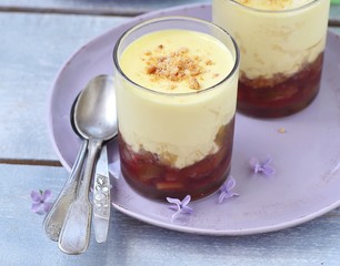 rhubarb dessert with creme anglaise
