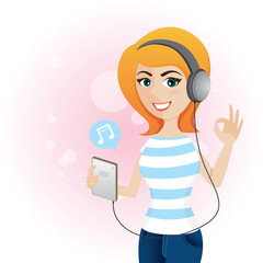 cartoon cute girl listen music with headphone