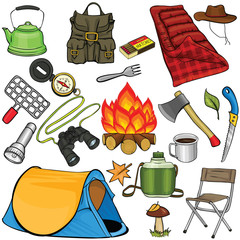 Set of camping gear in cartoon style