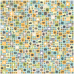 Wallpaper design with universal icons in square tiles pattern, v