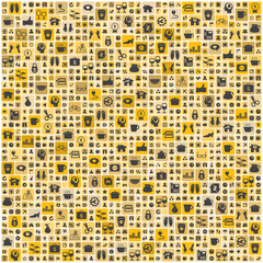 Wallpaper design with universal icons in square tiles pattern, v