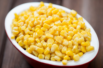Sweet corn kernels in a glass bowl, horizontal shot