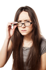 frowning woman with glasses