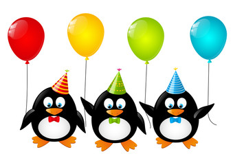 Funny penguins with color balloons