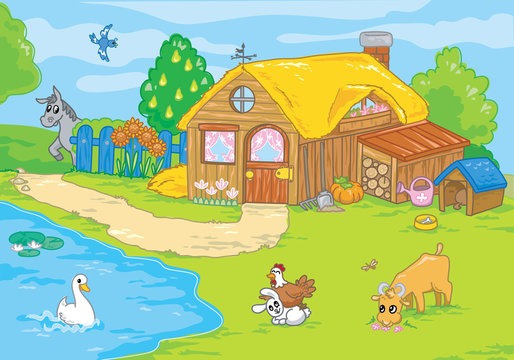 Cartoon farm and cute animals for kids
