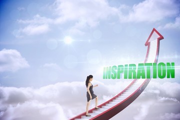 Obraz premium Inspiration against red stairs arrow pointing up against sky
