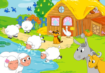Funny farm animals playing together