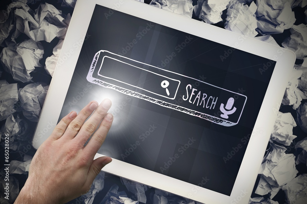 Poster composite image of hand touching tablet screen