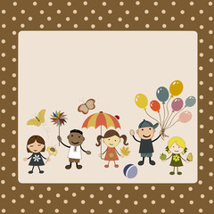 Greeting card with cute happy cartoon kids