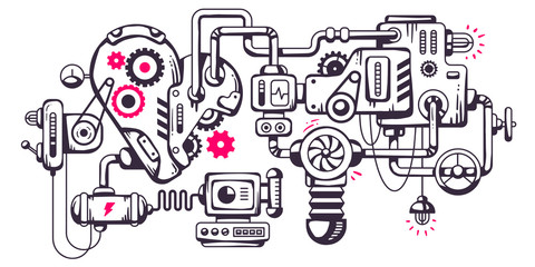 Vector industrial illustration background of the operating mecha