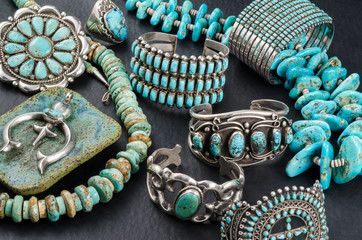Collection of Vintage Turquoise and Silver Jewelry. - Powered by Adobe