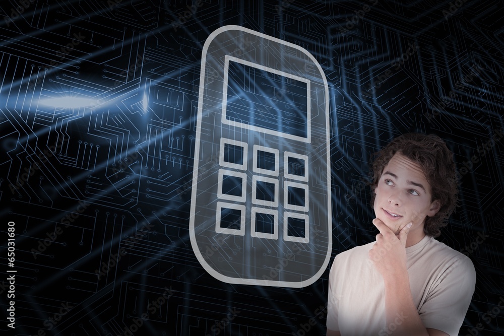 Poster composite image of smartphone and casual thinking man