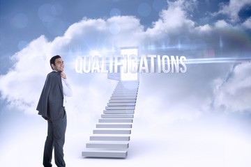 Fototapeta premium Qualifications against open door at top of stairs in the sky