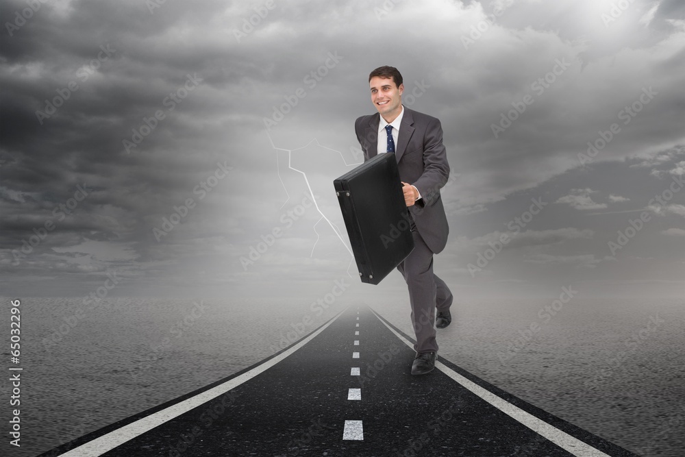 Poster composite image of smiling businessman in a hurry