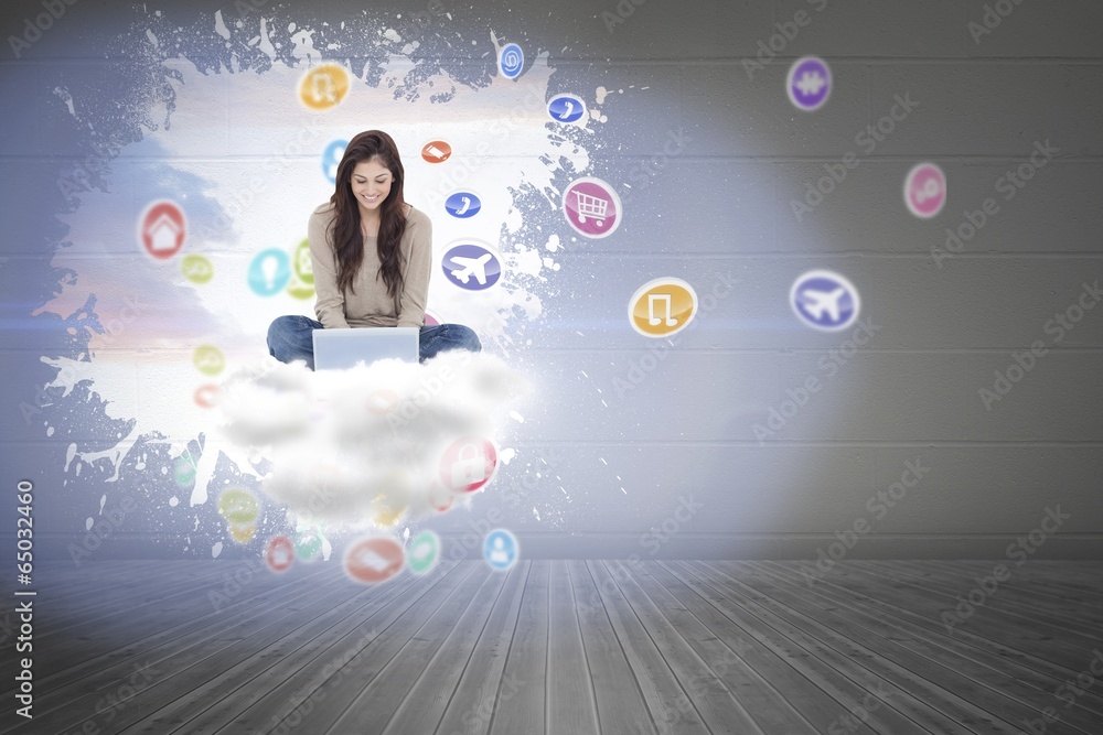 Poster composite image of brunette sitting on floor using laptop