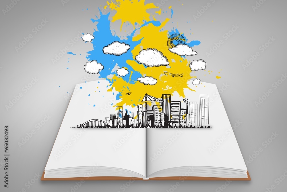 Aufkleber composite image of cityscape graphic on paint splashes on open b