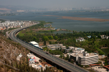 Obraz premium Coastal city aerial shot in China.