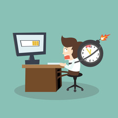 Businessman busy in time pressure working and a clock in a bomb