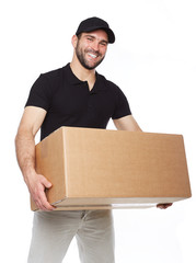 Smiling delivery man giving cardbox